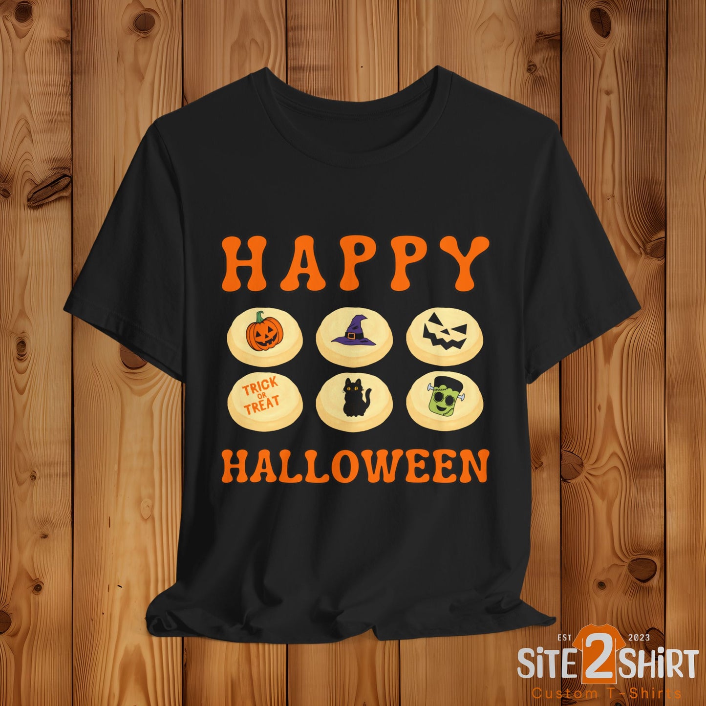 Halloween T Shirt, Sugar Cookies Design, Pumpkins, Witches Hat, Black Cat, Frankenstein decorated cookies