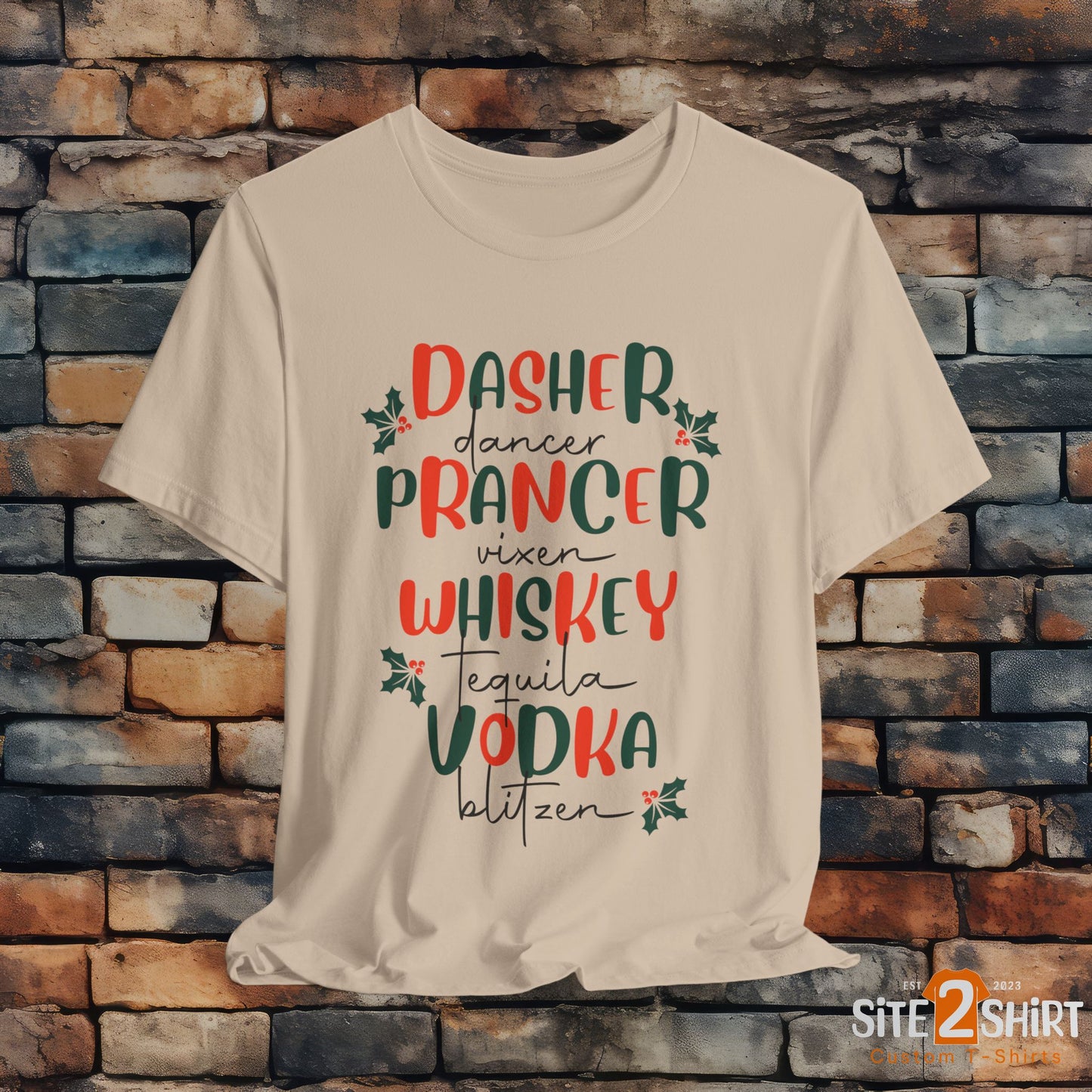 Dasher, Dancer, Prancer, Vixen, Whiskey, Tequlia, Vodka, Blitzen Christmas T Shirt, Funny Reindeer Shirt, Cute Holiday Party Shirt