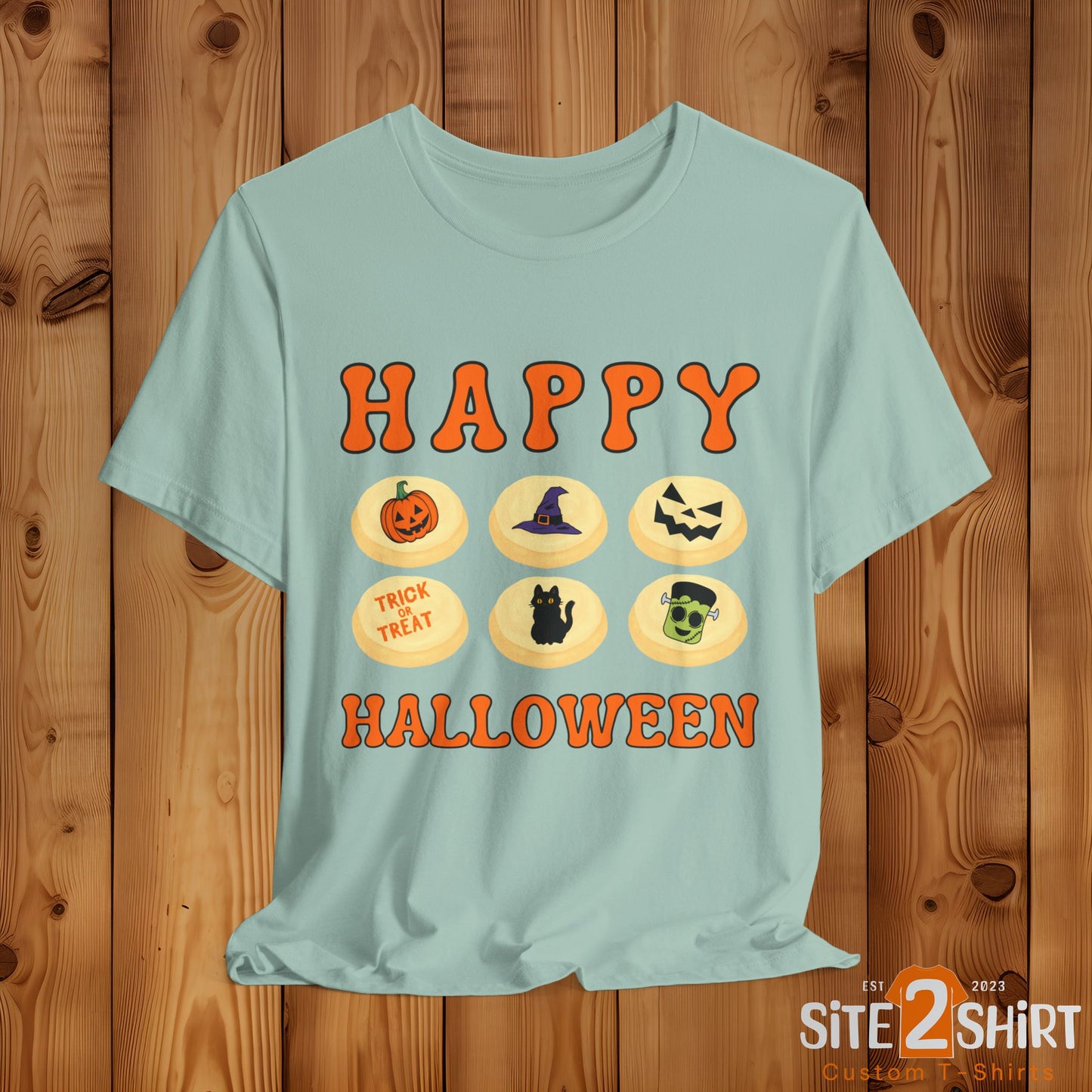 Halloween T Shirt, Sugar Cookies Design, Pumpkins, Witches Hat, Black Cat, Frankenstein decorated cookies