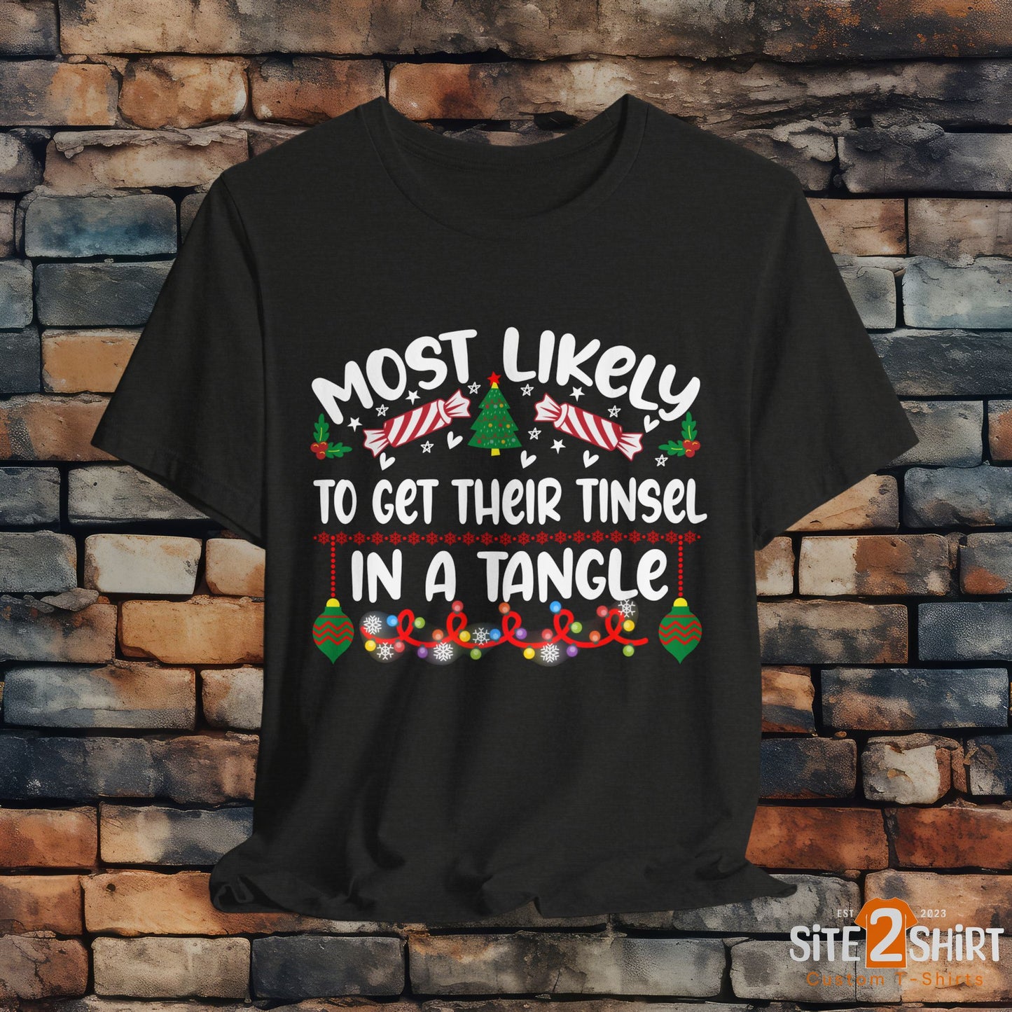 Most Likely to Get Their Tinsel in a Tangle Christmas t-shirt, Funny Christmas Shirt, Humorous Holiday Tees