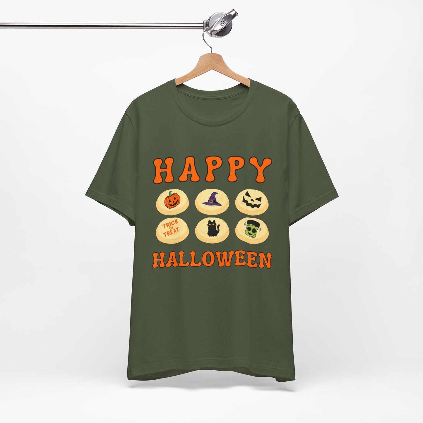 Halloween T Shirt, Sugar Cookies Design, Pumpkins, Witches Hat, Black Cat, Frankenstein decorated cookies
