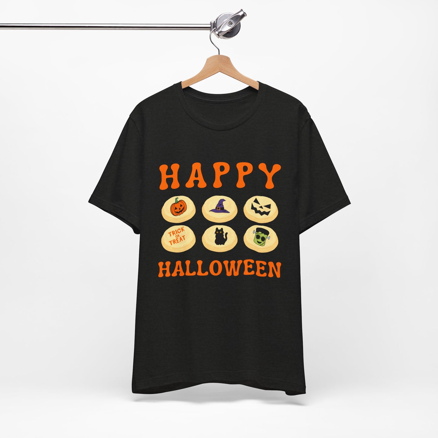 Halloween T Shirt, Sugar Cookies Design, Pumpkins, Witches Hat, Black Cat, Frankenstein decorated cookies