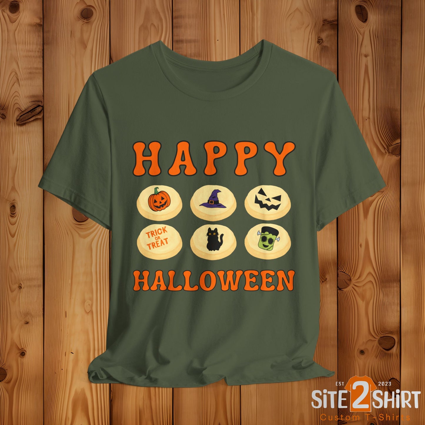 Halloween T Shirt, Sugar Cookies Design, Pumpkins, Witches Hat, Black Cat, Frankenstein decorated cookies