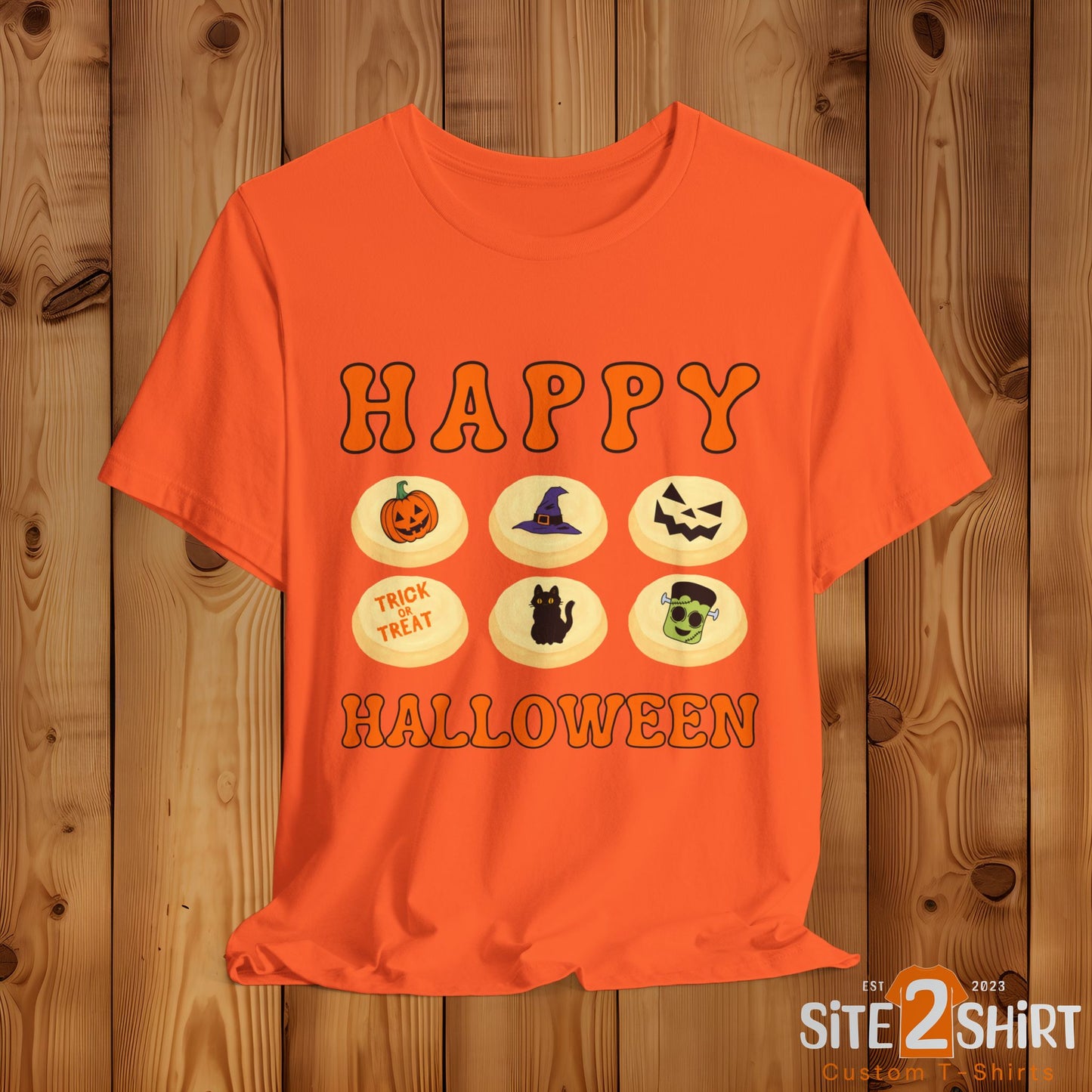 Halloween T Shirt, Sugar Cookies Design, Pumpkins, Witches Hat, Black Cat, Frankenstein decorated cookies