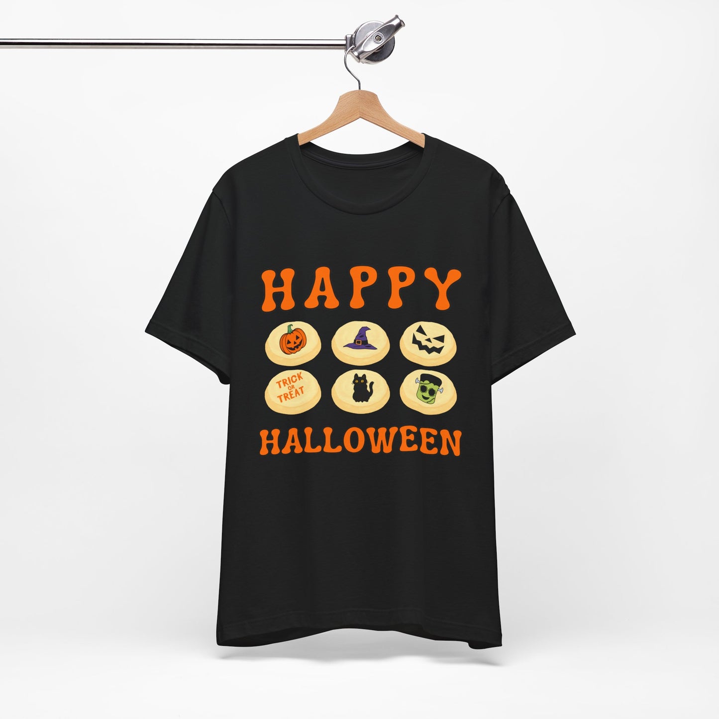 Halloween T Shirt, Sugar Cookies Design, Pumpkins, Witches Hat, Black Cat, Frankenstein decorated cookies