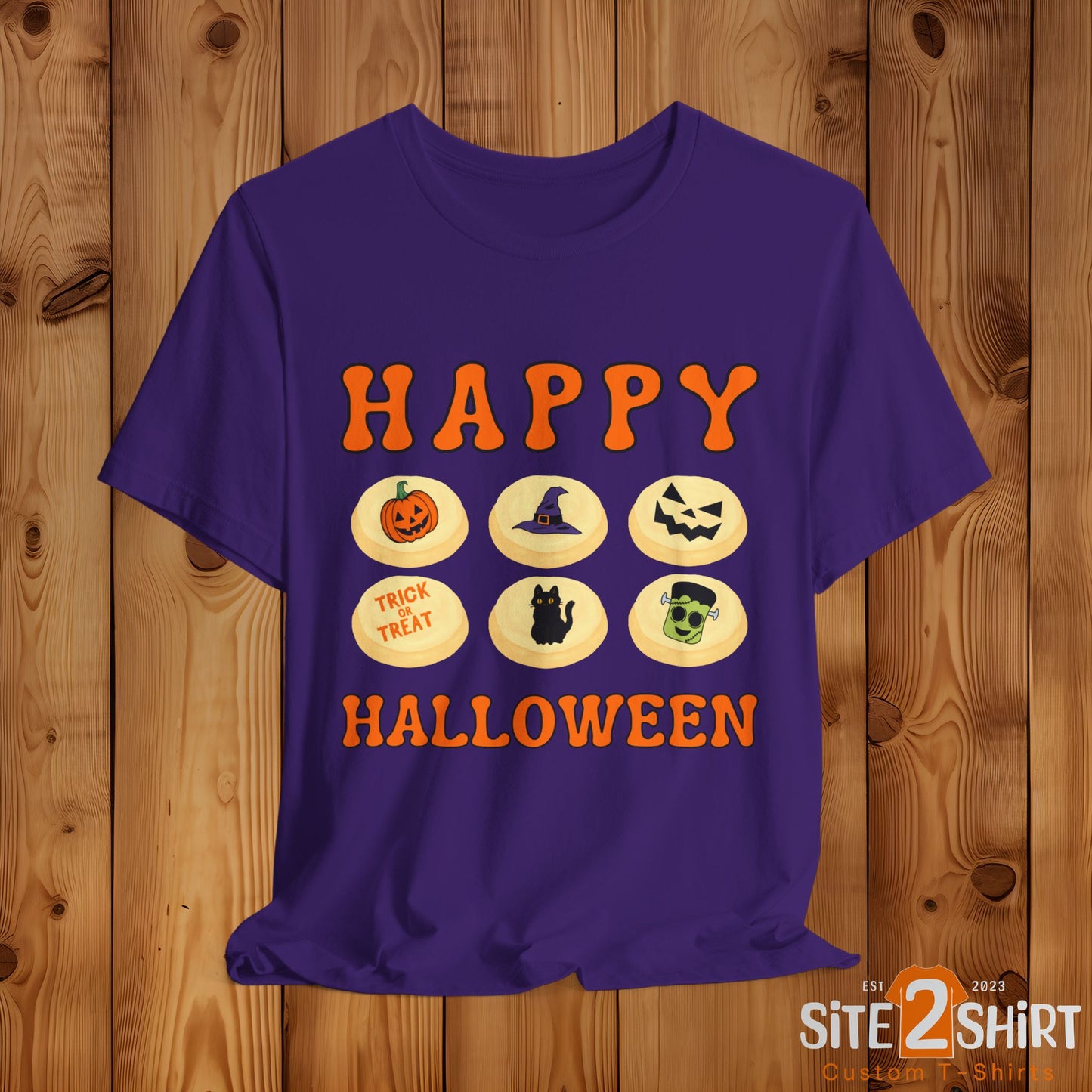Halloween T Shirt, Sugar Cookies Design, Pumpkins, Witches Hat, Black Cat, Frankenstein decorated cookies