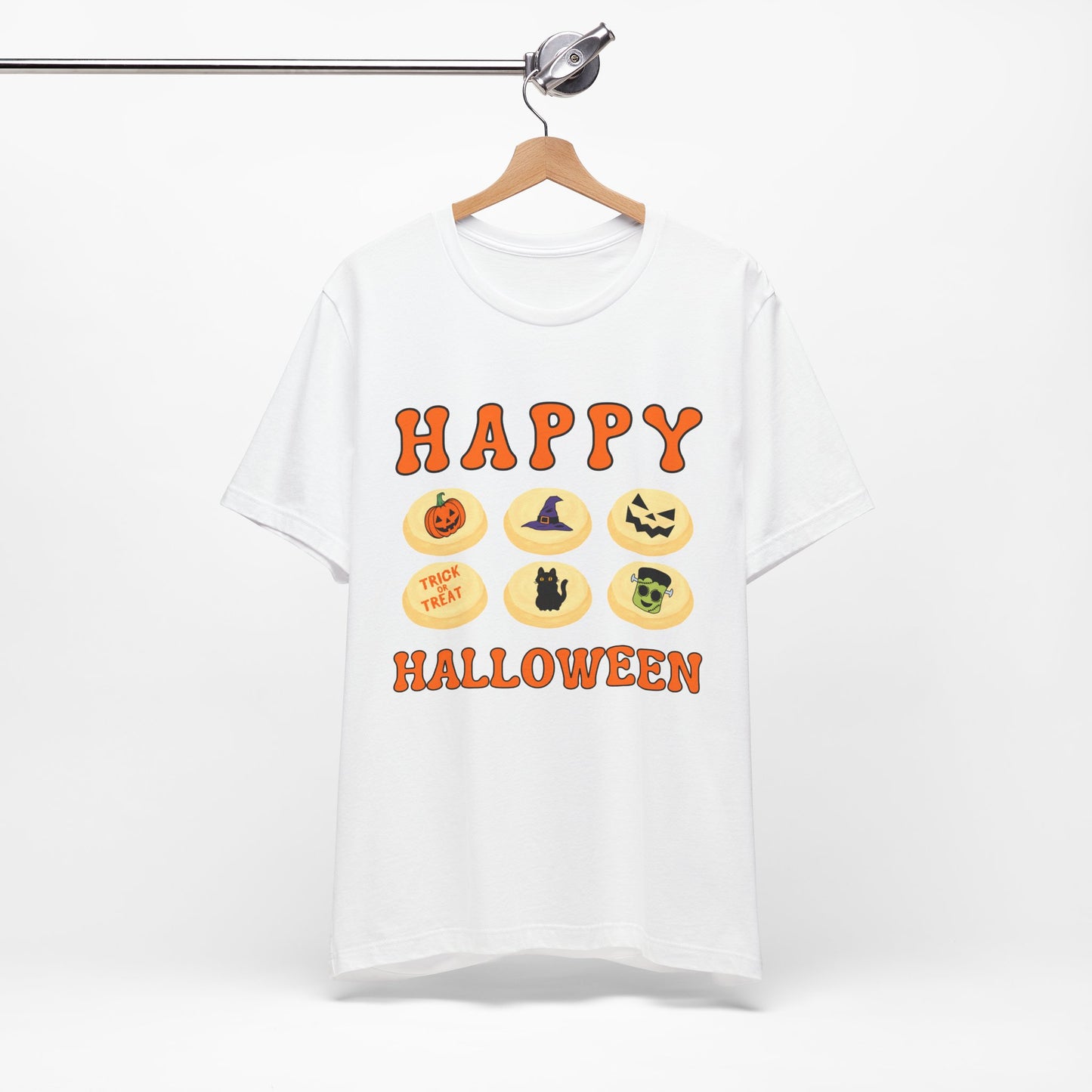 Halloween T Shirt, Sugar Cookies Design, Pumpkins, Witches Hat, Black Cat, Frankenstein decorated cookies