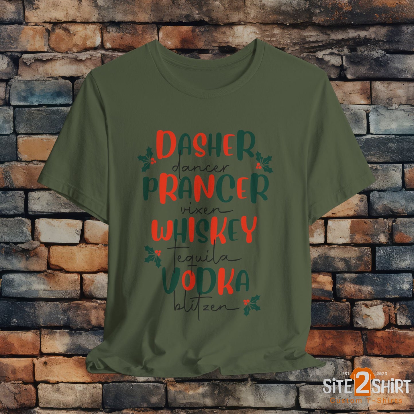 Dasher, Dancer, Prancer, Vixen, Whiskey, Tequlia, Vodka, Blitzen Christmas T Shirt, Funny Reindeer Shirt, Cute Holiday Party Shirt