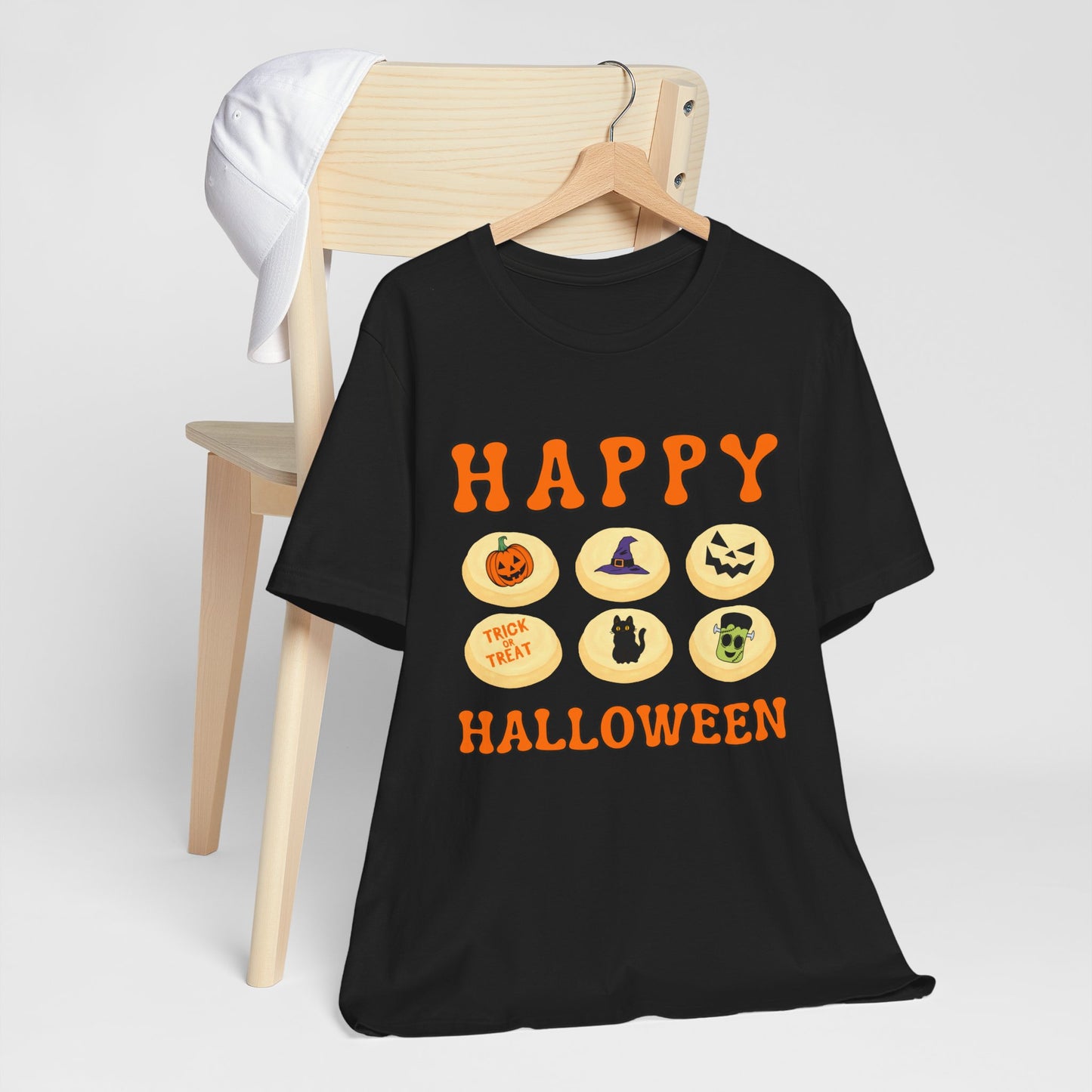Halloween T Shirt, Sugar Cookies Design, Pumpkins, Witches Hat, Black Cat, Frankenstein decorated cookies