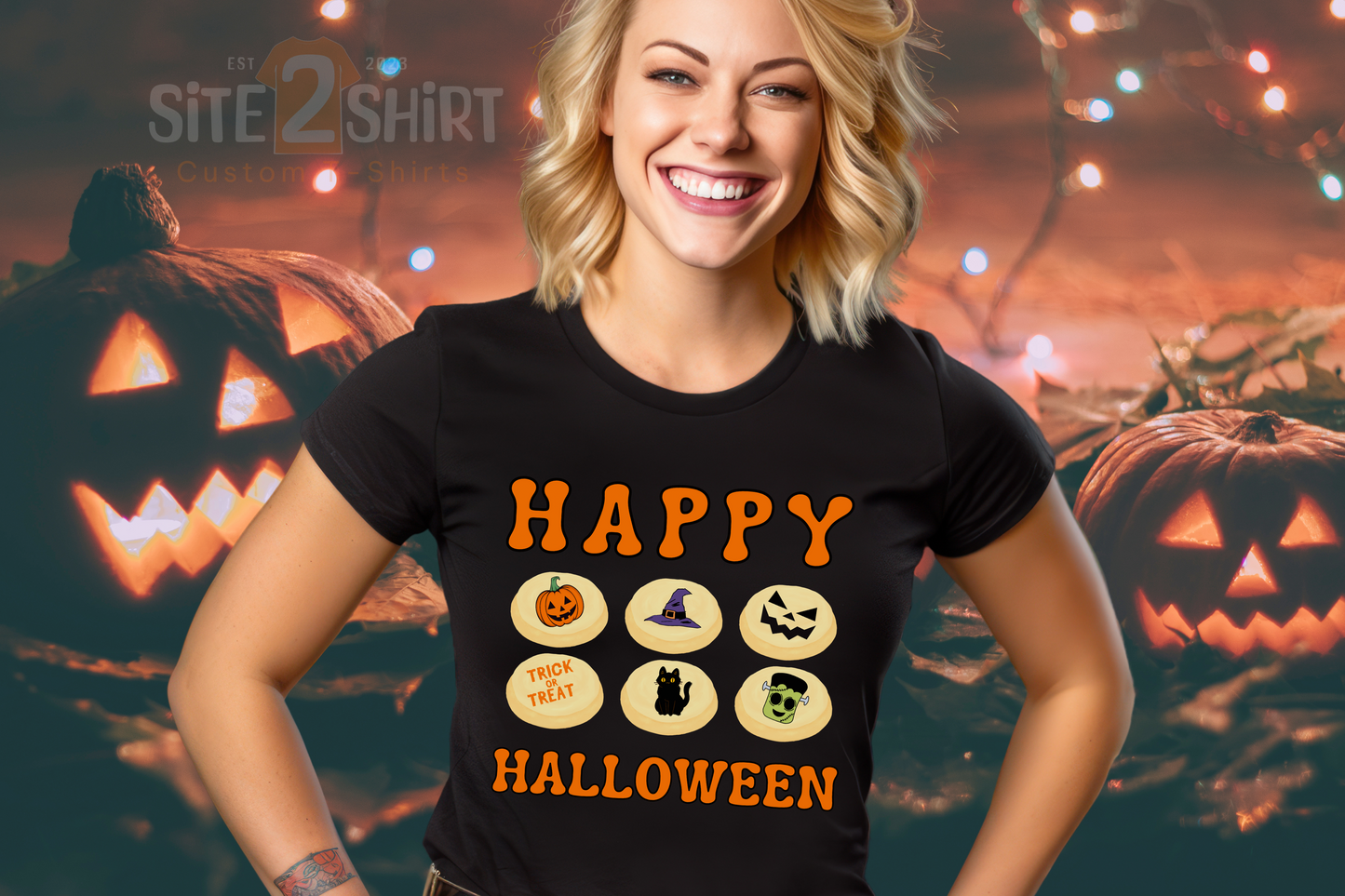 Halloween T Shirt, Sugar Cookies Design, Pumpkins, Witches Hat, Black Cat, Frankenstein decorated cookies
